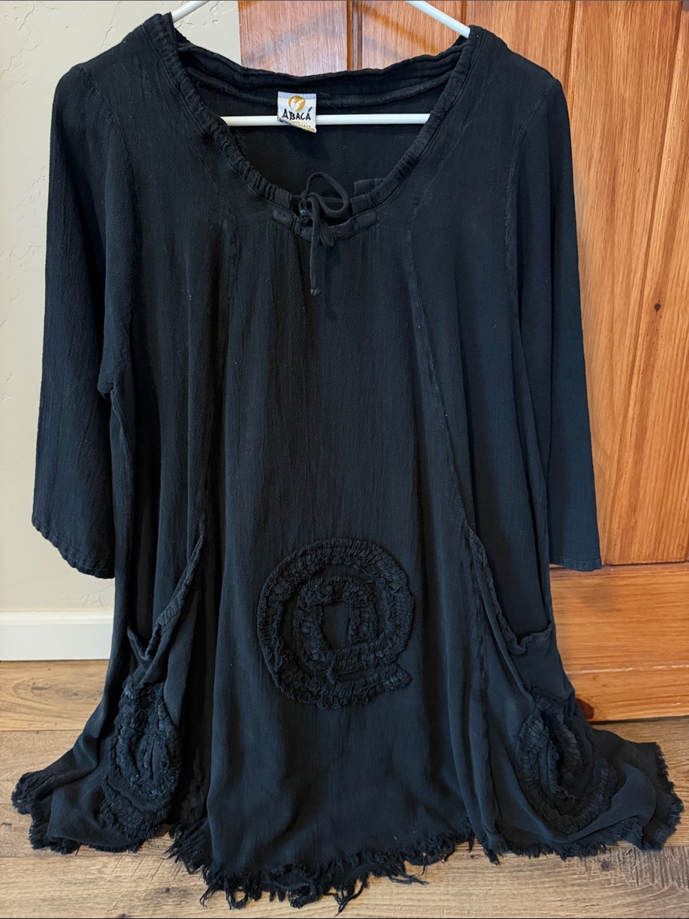 ABACA Gauze Cotton Embroidered Shift Dress Black Pockets 3/4 Sleeve L XL